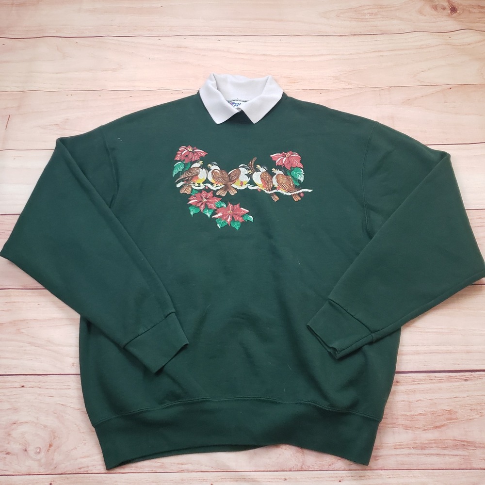 Vintage Pro Player Sweatshirt  Womens XL Green Bird Poinsettia Collared‎ USA
